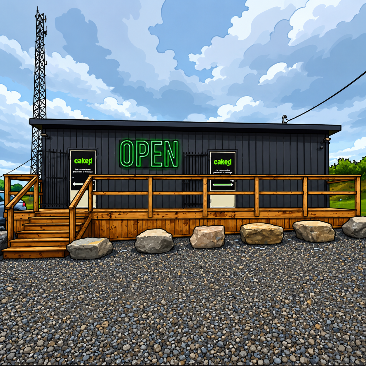 The caked storefront — a black roadside cabin with a green OPEN sign, two doors, a wooden deck, and a gravel lot